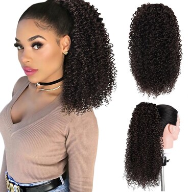 Curly Drawstring Ponytail for Black Women 14" Kinky Curly Natural Look Synthetic Hair Clip On Ponytails Extension for Women (Cholocate Brown #4)