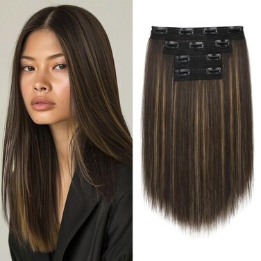 Hair Extensions, 14" Short Clip in Hair Extensions 4PCS Straight Brown Hair Extensions Natural Soft Synthetic Hairpiece for Women - Dark Brown with Highlights