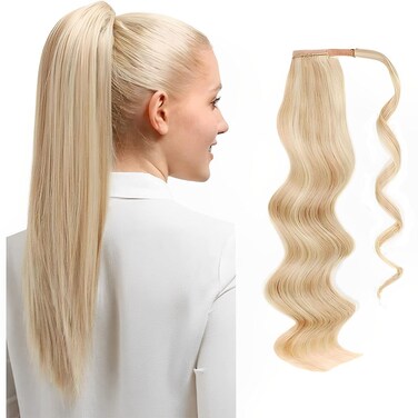 ABH AMAZINGBEAUTY HAIR Hair Women Ponytail Extension, Remy Human Hair, Wrap in Easy to Use, 100 Gram, Dirty Blonde with Platinum Blonde Highlights P12-60 Color, 20 Inch