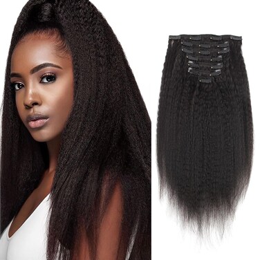ABH AMAZINGBEAUTY HAIR Kinky Straight Clip in Hair Extensions for Black Women Natural Color Kinky Straight Clip ins Brazilian Virgin Human Hair Extensions Full Head 17 Clips with 7 Pieces 120G 10 Inch