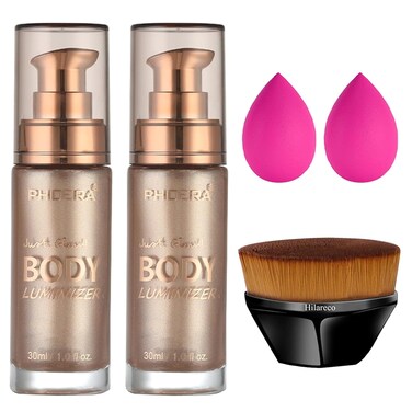 PHOERA Body Shimmer Oil,Waterproof Long Lasting Moisturizing Body Luminizer Glow Body Illuminator Highlighter for Face with Makup Bursh, 1oz/Jars(2PCS 101 Rose Gold)