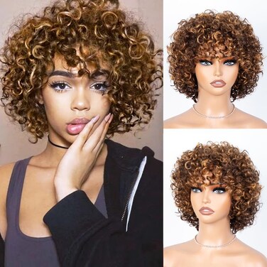 Curly Wig with Bangs Human Hair for Black Women Short Curly Bangs Wigs Brown mixed Blonde Highlight Curly Bob Glueless Wig 150% Density (Color: DX3147)