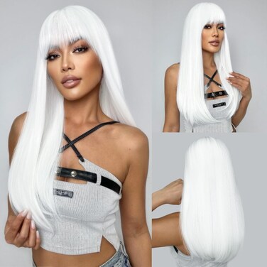 SUKRI White Wig with Bangs Long Straight White Wigs for Women Synthetic Heat Resistant Wig Natural Looking Hair Wig for Halloween Daily Cosplay Party Use 22 Inch