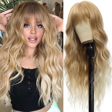 Vomella Blonde Wig With Bangs 26 Inch Long Curly Wavy Wig for Women Natural Looking Synthetic Heat Resistant Wig for Daily Party Use