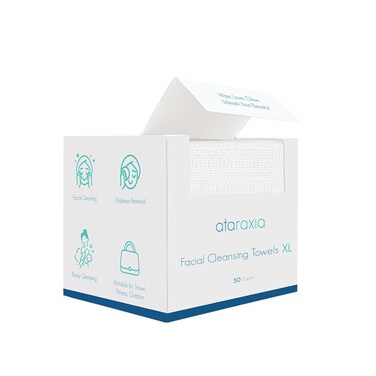 ataraxia Disposable Face Towels XL, Cotton Clean Towel for Face Travel Pack of 50, 10x12'' Extra Thick Soft Facial Cleansing Towelettes Wipes for Drying   Washing   Skin Care   Makeup Removing