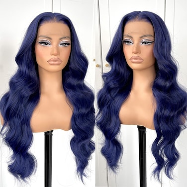 Dark Blue Wigs Blue Lace Front Wig Pre Plucked Glueless Long Body Wave Lace Front Wig For Fashion Women Transparent Lace Front Wig For Cosplay Party