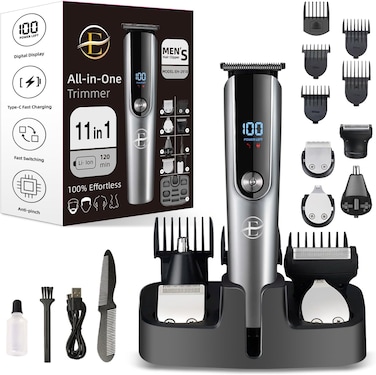 Beard Trimmer for Men - 5 in 1 Kit Electric Razor, Nose Hair Trimmer with LED Display, Cordless Mustache Body Face Grooming Kit, Rechargeable Beard Shaver (Aluminum)