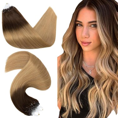 Hairro Microlinks Hair Extensions Ombre Two Tone Micro Bead Ring Loop Tipped Hair Seamless Straight Real Human Hair For Women 20 Inch 50g 50 Strands #4T27 Medium Brown to Dark Blonde