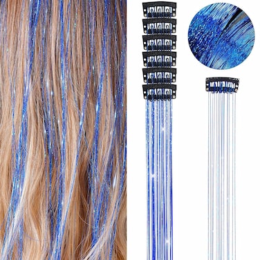 Hair Tinsel Clip in Tinsel Hair Extensions, 6Pcs 21.11In Fairy Glitter Hair Tinsel for Women Sparkle Heat Resistant Festival Hair Accessories for Halloween, Christmas, New Year, Party, Cosplay