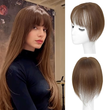 Hair Toppers for Women Real Human Hair-360&deg;3D Topper with Bangs for Thinning Hair Clip in Bangs with Upgraded Silk Base Perfect for Daily Wear,5&times;10 Brown