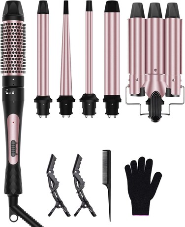 6 in 1 Curling Iron, 3 Barrel Curling Iron Set with Curling Brush (1.5inch) and 5 Interchangeable Ceramic Curling Wand(0.35"-1.25"), 2 Temp Heating Setting, Contain Comb &amp; Protective Glove &amp; 2 Clips