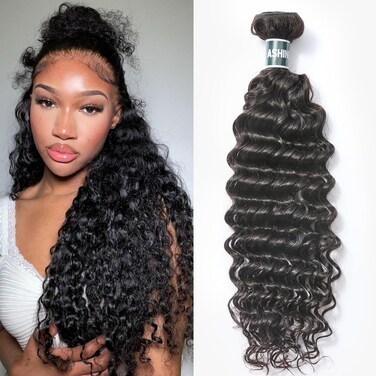 ASHINE Human Hair Bundle Deep Wave Unprocessed Cambodian Raw Hair 18 Inch, Flip Over Quick Weave Wet and Wave Bundles for Women Natural Black