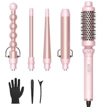 Wavytalk 5 in 1 Curling Iron,Curling Wand Set with Curling Brush and 4 Interchangeable Ceramic Curling Wand(0.5&rdquo;-1.25&rdquo;),Instant Heat Up,Include Heat Protective Glove &amp; 2 Clips (Pink)