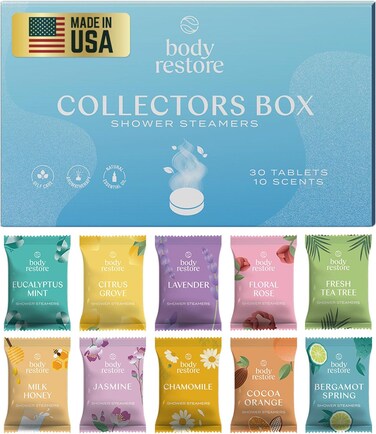 Body Restore Shower Steamers Aromatherapy 30 Pack - Easter Basket Stuffers, Relaxation Birthday Gifts for Mom, Dad, Best Friend, Travel Essentials, Stress Relief, Self Care - Collector&rsquo;s Box