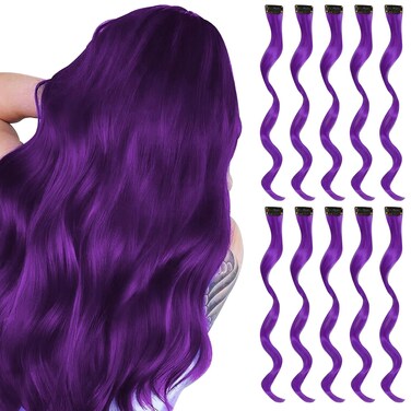Colored Hair Extensions Clip in for Kids Girls Women, 16inch Curly, 10pieces Purple