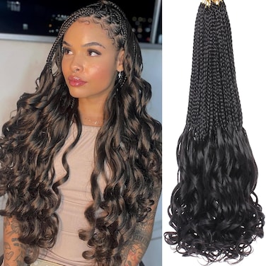 COOKOO 9 Packs 135 Strands French Curl Crochet Braids 24 Inch Natural Black Pre Looped French Curly Braiding Hair for Women Goddess Braids Hair with Curly Wavy Ends Synthetic Hair Extensions 1B#