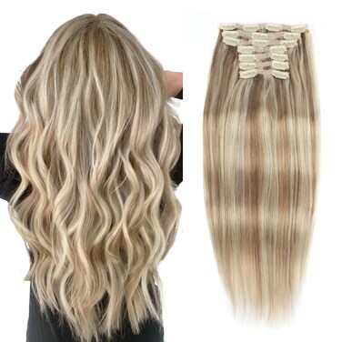 9A Grade Clip in Hair Extensions Human Hair, Piano Color Ash Brown/Light Chestnut Brown Fading to Platinum Ash Blonde P8/60, Silky Straight Invisible Hair 18 inch 120g 7 pieces 18 clips