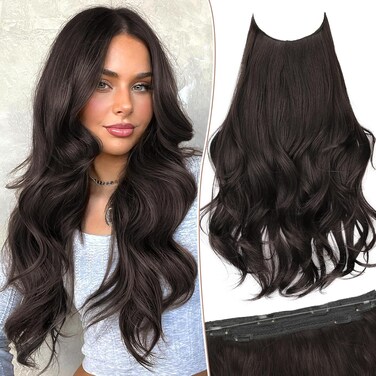KooKaStyle Invisible Wire Hair Extensions Long Wavy Layered Synthetic Clip in Hair Extensions with Transparent Wire Adjustable Size 6 Secure Clips Dark Brown Hairpieces for Women 20 Inch