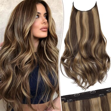 KooKaStyle Invisible Wire Hair Extensions Long Straight Layered Synthetic with Transparent Wire Adjustable Size 6 Secure Clips Hairpieces for Women 20 Inch (Balayage Chocolate Brown to Caramel Blonde)