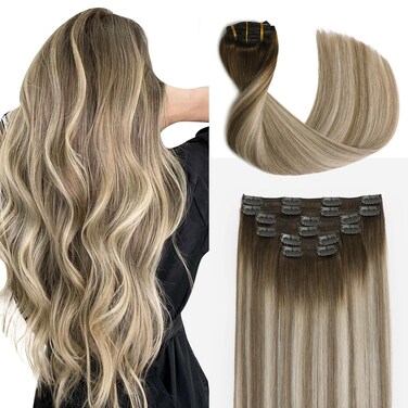 Human Hair Clip in Extensions Balayage Darker Brown to Ash Brown and Golden Blonde Clip in Hair Extensions Human Hair 20 Inch 120g 6pcs Thick Remy Human Hair Extensions C20#3/8/22