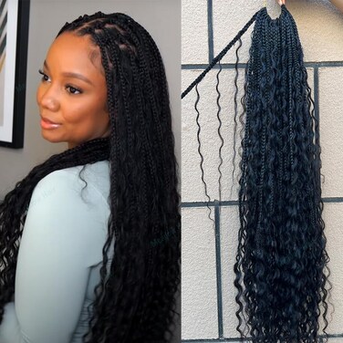 Crochet Boho Box Braids With Human Hair Curls Pre Looped Synthetic Hair Box Braid With Full Deep Wave Ends Crochet Hair Braiding for Black Women 24Inch 120 Strands