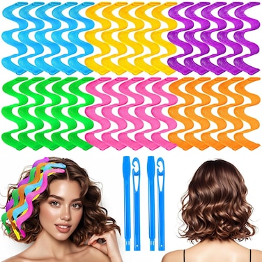 30 Pcs Heatless Hair Curlers Wave Curls Styling Kit with 2 Pcs Styling Hooks, No Heat Hair Curlers Heatless Wave Curlers for Women Girls Long Medium Short Hair (6 Colors, 25 cm/9.84 inch)