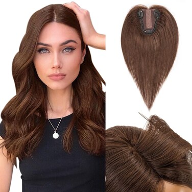 Hairro Human Hair Toppers Real Hair, Clips in 100% Human Hair Hairpieces for Women, 3.15"x3.94" Silk Base for Thinning Hair/Hair Loss/Covering Greyish Hair on Top, 12 Inch Dark Brown