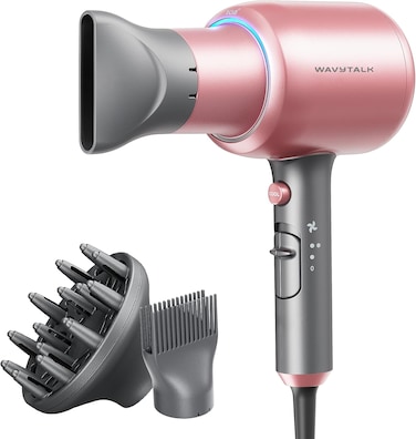 Wavytalk Hair Dryer, Blown Away Ionic Hair Dryer for Curly Hair with Diffuser, 1875W Fast Drying Blow Dryer with Ceramic Technology, 3 Attachments for All Hair Types, Light and Quiet, Rose Gold