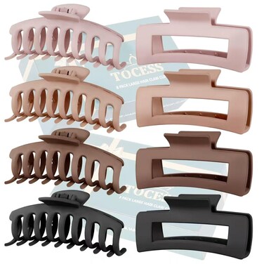 TOCESS Big Hair Claw Clips for Women - Neutral Large Claw Clip for Thin Thick Curly Hair 90's Strong Hold 4.33 Inch Nonslip Matte Jumbo Hair Clips (8 Pcs)