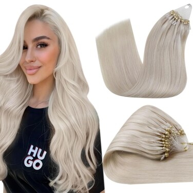 Hetto Blonde Micro Link Hair Extensions Human Hair Platinum Blonde 20 Inch Micro Bead Hair Extensions Real Human Hair Pre Bonded Micro Ring Hair Extensions for Women 50 Strands 50g