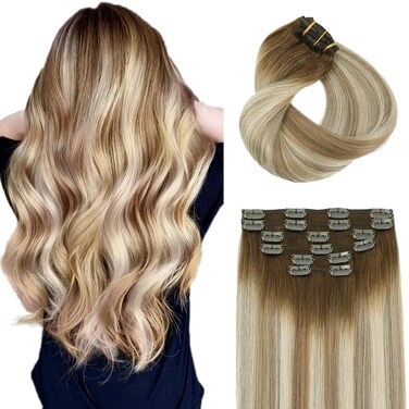 Clip in Hair Extensions Real Human Hair Double Weft Balayage Color Walnut Brown To Ash Brown And Golden Blonde,Clip in Hair Extensions,14 Inch 100g,6pcs Per Set With 18 Clips（#3/8/22,14")