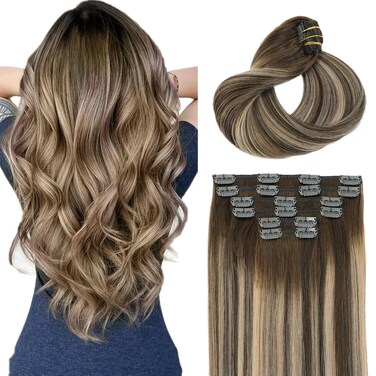 Clip in Hair Extensions Real Human Hair Balayage Chocolate Brown To Caramel Blonde 16 Inch 100g Natural Straight Clip On Hair Extensions 6pcs Per Set with 18 Clips (#4/27/4,16")