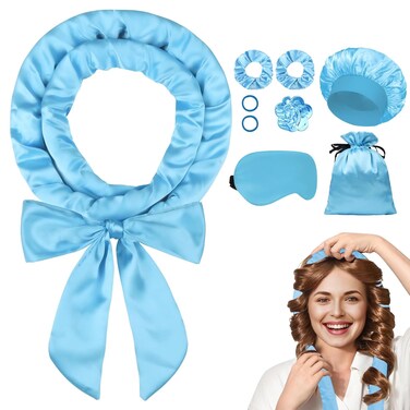 Heatless Curls Overnight Hair Curlers to Sleep In, Satin Heatless Curling Set - No Heat Curls Overnight Curls, Hair Curlers No Heat Curlers, Heatless Waves for Women Long Hair Volume (Blue)