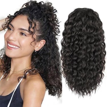 HYJ Drawstring Ponytail 18inch Curly Ponytail Extensions Drawstring Ponytail For Black Women Natural Brown Black Ponytail Extensions For Women Synthetic Hairpiece for Daily Party(Brown Black)