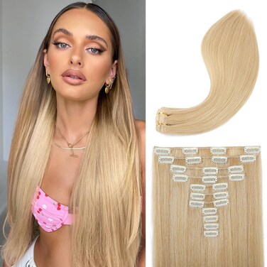 REECHO Hair Extensions, 11PCS Clip in Hair Extensions 24" Long Straight hair extensions HE005 Natural Soft Synthetic Hairpieces for Women &ndash; Golden Blonde with Highlights