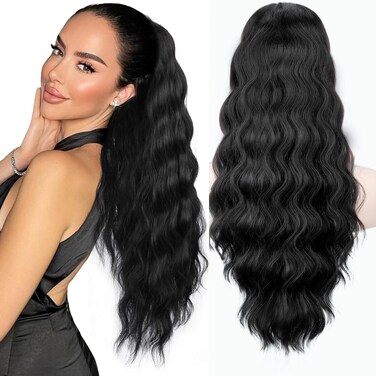 NOSTALGIA Black Ponytail Extension 26 Inch Long Curly Wavy Ponytail Drawstring Pony Tails Hair Extension Synthetic Hairpieces for Women Daily Use