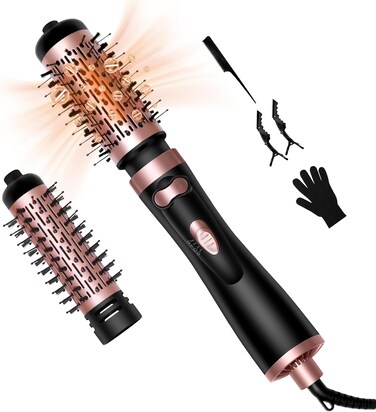 Rotating Hair Dryer Brush, Round Brush Blow Dryer Spinning with 2 Brushes (2" &amp; 1.5"), Negative Ionic Detachable Auto-Rotating Curling Brush Blow Volumizer, 3 in 1 Roller Brush Hot Air Styler