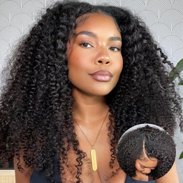 VShow V Part Wig Human Hair Elastic Drawstring V Part Kinky Curly Wig No Leave Out 180% Density Glueless Human Hair V Part Wig For Beginners Friendly No Lace No Glue 22Inch