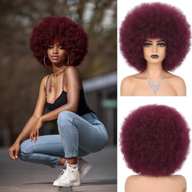 Red Afro Wigs for Black Women Glueless Wear and Go Wig 10 Inch Curly Afro Wigs Burgundy Synthetic Puff Wigs for Daily Party Cosplay Costume Hallowee Use (BUG)