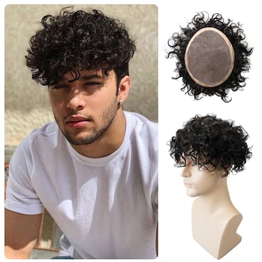 Lordhair Mens Weave 8 * 10" Human Hair Unit Black 20mm Curly Mens Hair System with 1" PU Coated Perimeter Toupee
