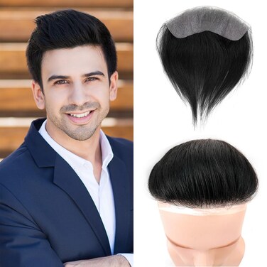Lordhair Toupee for Men: Human Hair System, V-Shape Natural Hairline, 6 x 1.5 inches, Black