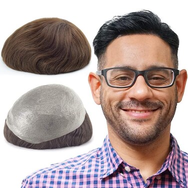 Lordhair Hair System with 100% Human Hair 8x10 inch Hairpiece for Men 0.06mm Super Thin Skin Hair system All V-looped Mens Toupee Medium Dark Brown #4