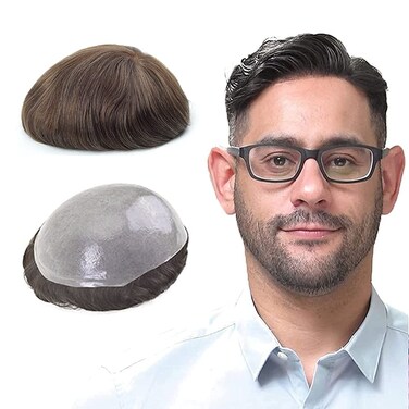 Lordhair Toupee for Men with 100% Human Hair, 0.08mm Natural Skin Hair Pieces Replacement for Men Base Size 8x10 inch Mens Toupee V-looped Hair System Medium Bark Brown Mixed 10% Gray Hair #410