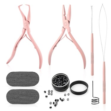 Gomake Microlinks Hair Extensions Kit, Hair Extension Closer and Removal Pliers, Micro Beads Pulling Hook &amp; Microbead Loop Tool, Micro Links Silicone Rings Bead 200PCS (Pink)