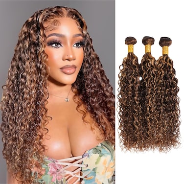 Water Wave Human Hair Bundles Ombre Honey Blonde Curly Bundles, P4/27 Highlighted Wet And Wavy Human Hair Bundles Weave Brown Piano Color, Soft &amp; Shed-free 10A 100% Virgin Hair 3 Bundles 12 14 16 Inch