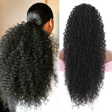 Youthfee 27&rdquo; Drawstring Ponytail Deep Curly Heat Resistant Human Hair Blended Instant Clip Ponytail Extension Protective Style Afro Kinky Curly Hair Pieces for Women