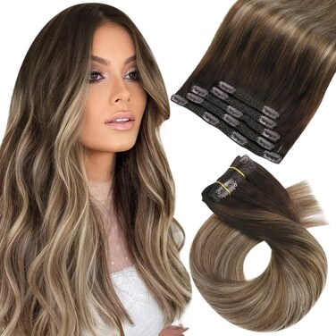 Moresoo Clip in Hair Extensions Real Human Hair Balayage Hair Extensions Real Human Hair Clip ins Ombre Dark Brown to Dark Ash Blonde with Golden Blonde Clip in Extensions 12inch 5Pcs 80G