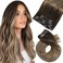Moresoo Clip in Hair Extensions Real Human Hair Balayage Hair Extensions Real Human Hair Clip ins Ombre Dark Brown to Dark Ash Blonde with Golden Blonde Clip in Extensions 12inch 5Pcs 80G