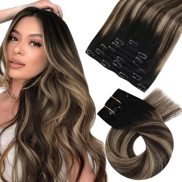 Moresoo Clip in Hair Extensions Balayage Double Weft Hair Extensions Clip in Human Hair Ombre Black to Brown with Caramel Blonde Clip in Human Hair Extensions Full Head 18inch 7Pcs 120G