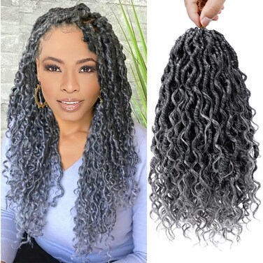 Goddess Locs Crochet Hair 12 Inch Faux Locs Ombre Grey Crochet Hair for Black Women 6 Packs Locs Crochet Hair Pre Looped Gray Soft Locs River Locs Synthetic Hair Extensions, 1b/grey